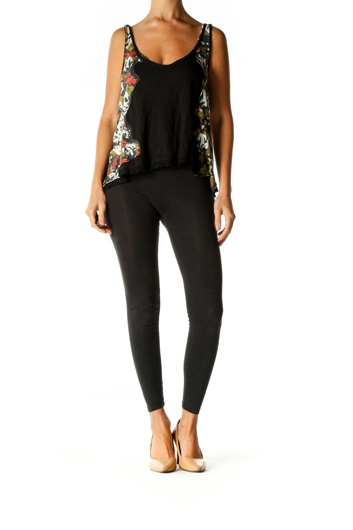 Front view of Free People Black Tank Top with Floral Print Panels