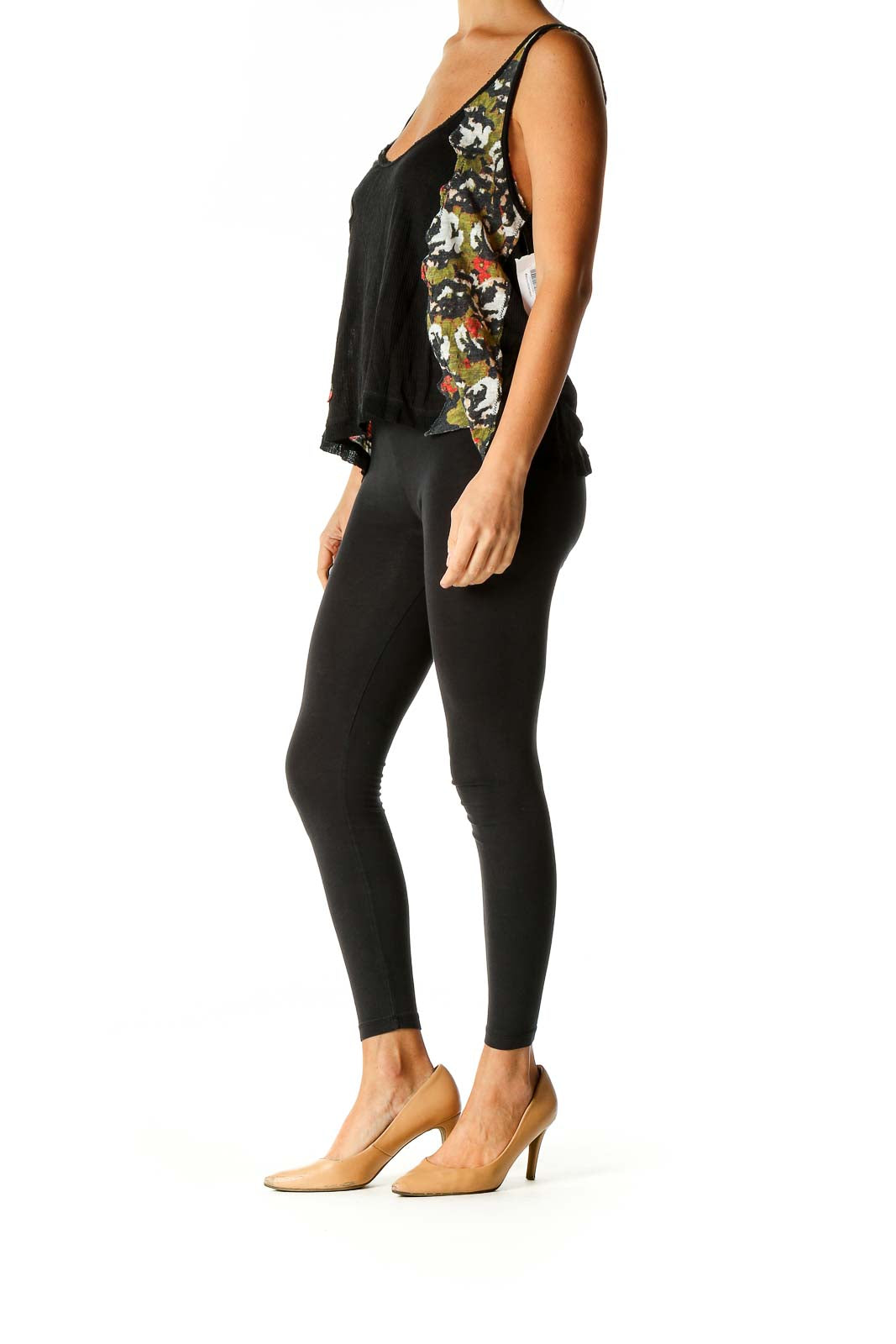 Front view of Free People Black Tank Top with Floral Print Panels