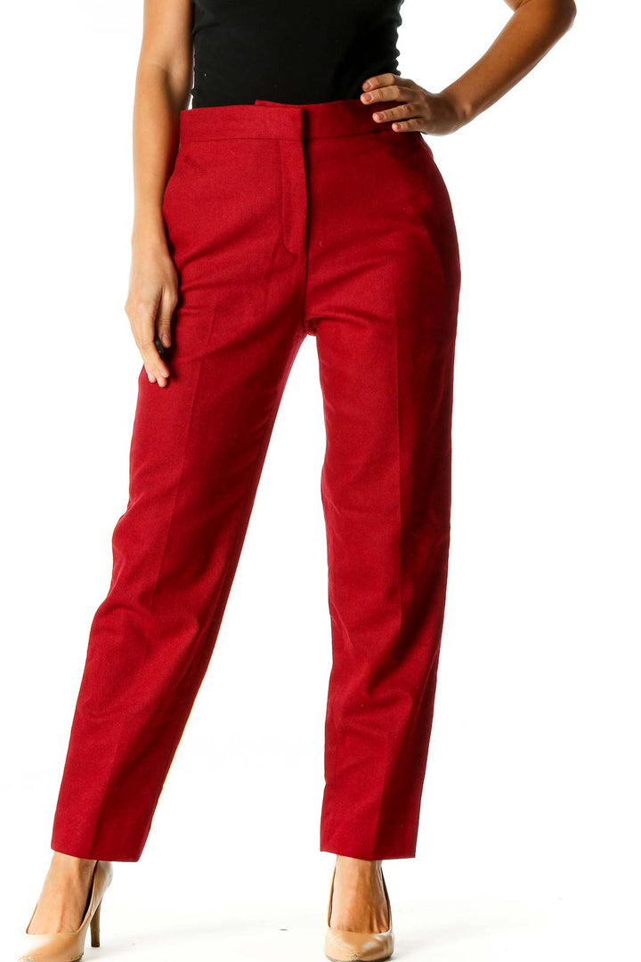 Red Solid Classic Trousers