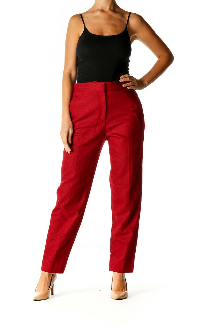 Red Solid Classic Trousers