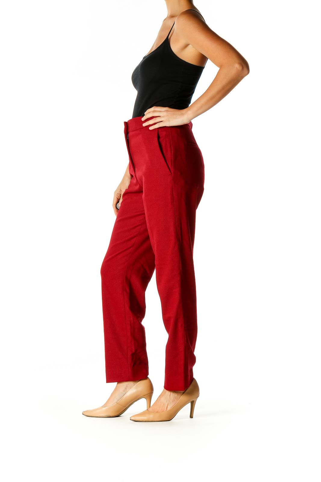 Red Solid Classic Trousers