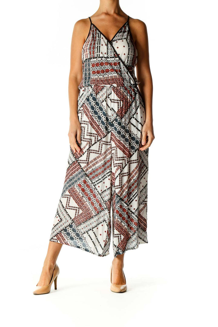 White Geometric Print Bohemian Column Dress