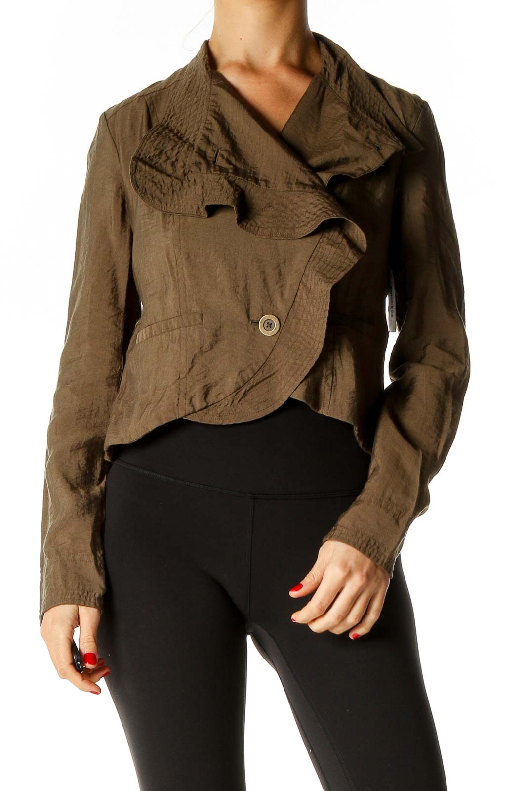 Front view of olive Free People cropped jacket with ruffle collar