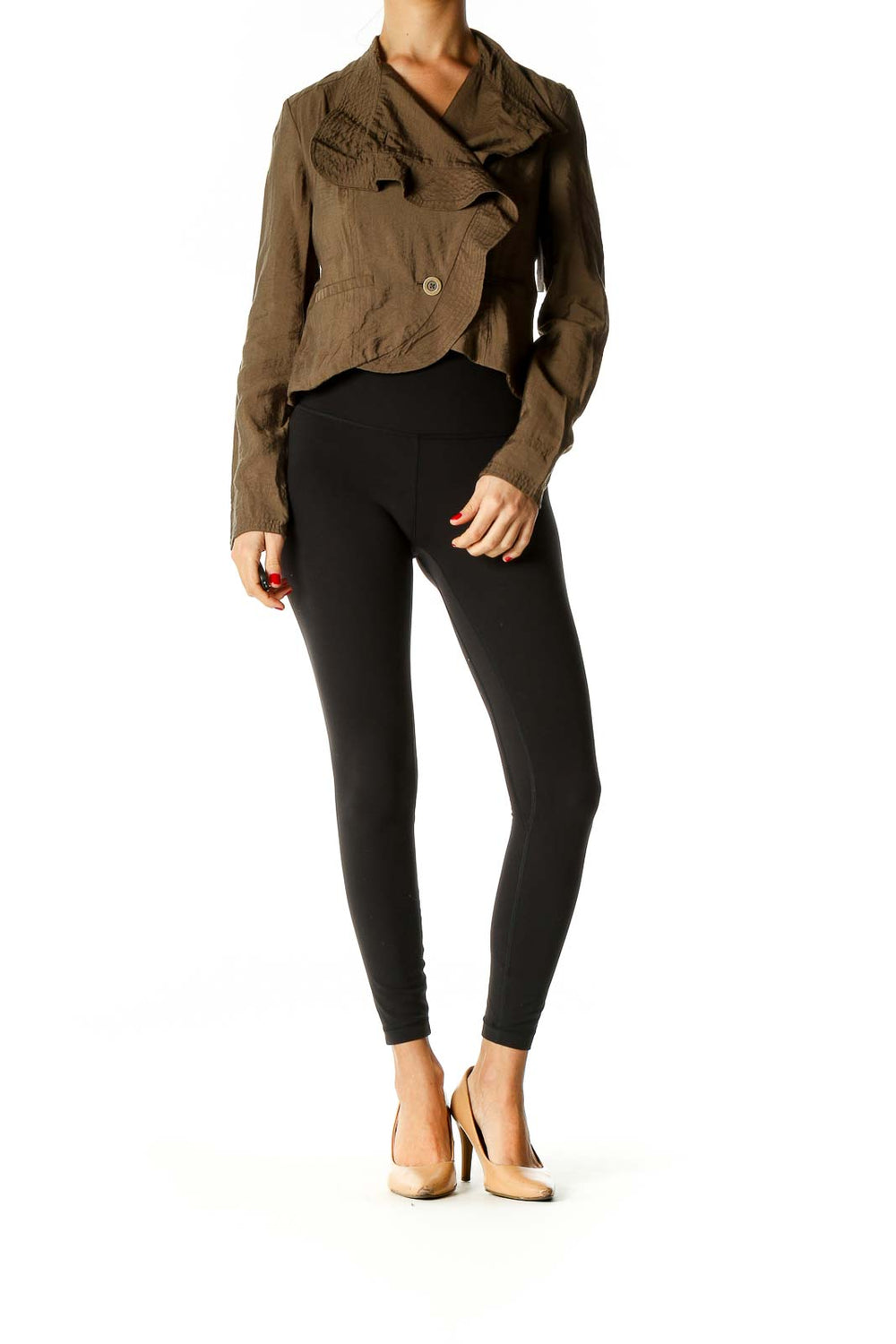 Front view of olive Free People cropped jacket with ruffle collar