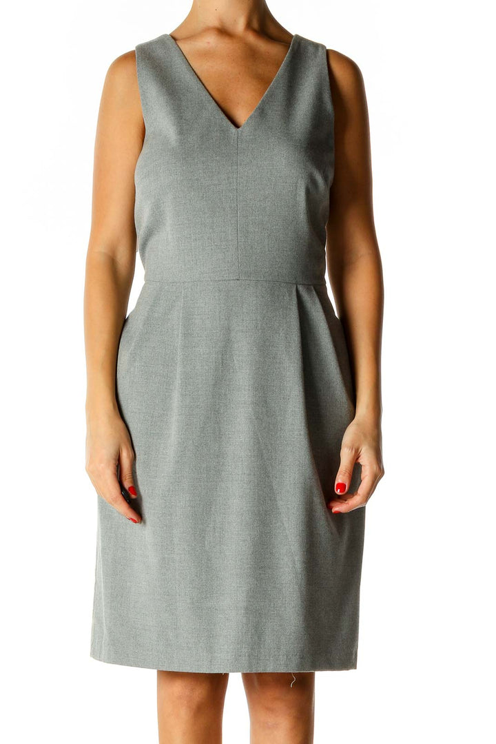 Gray Solid Classic Sheath Dress With Bow