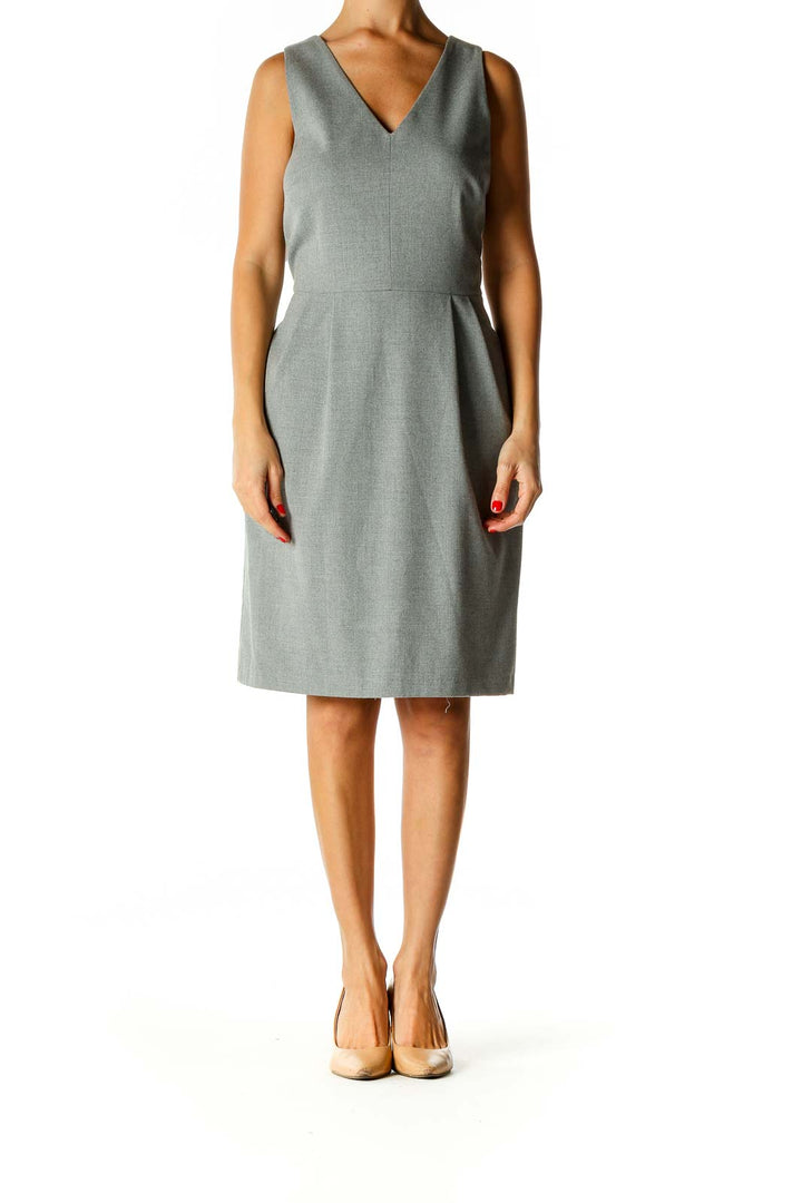 Gray Solid Classic Sheath Dress With Bow