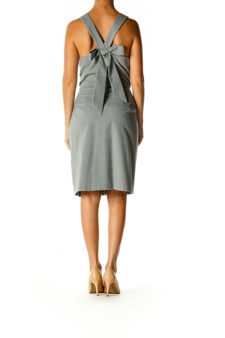 Gray Solid Classic Sheath Dress With Bow