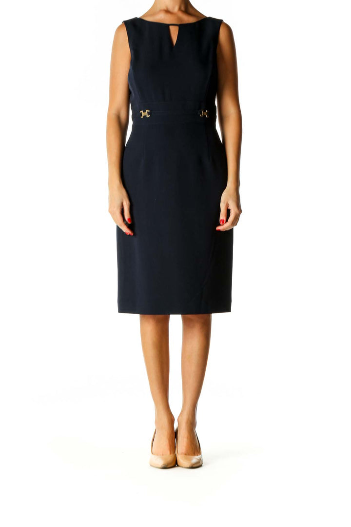 Blue Solid Classic Sheath Dress