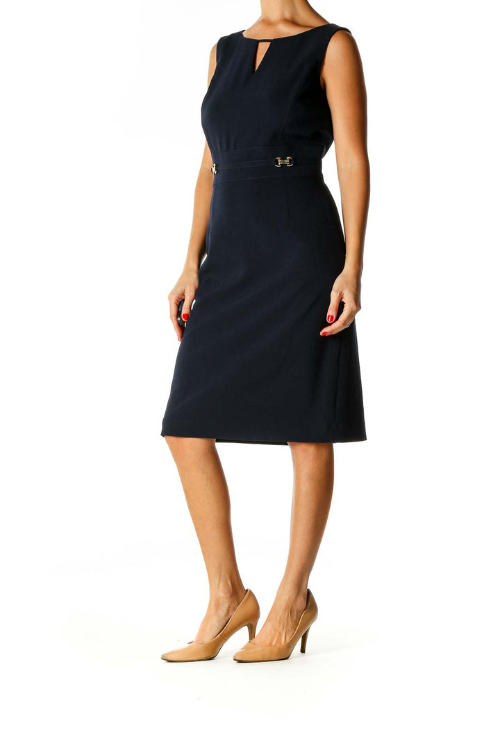 Blue Solid Classic Sheath Dress