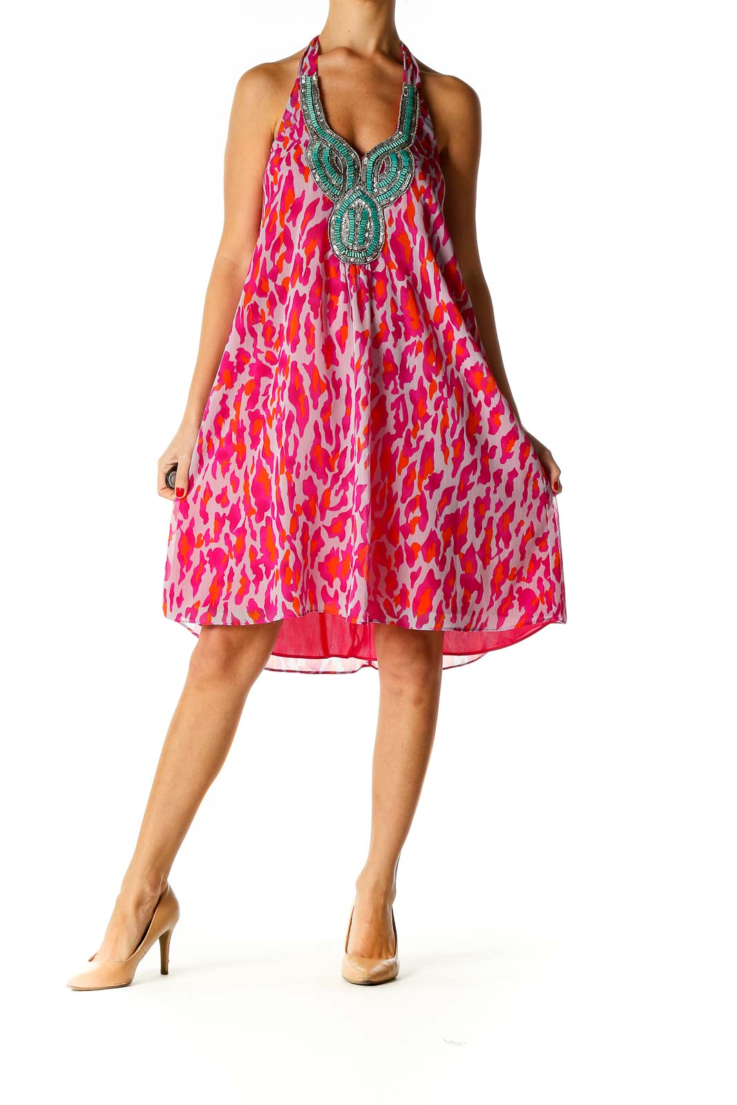 Pink Printed Holiday Fit & Flare Dress