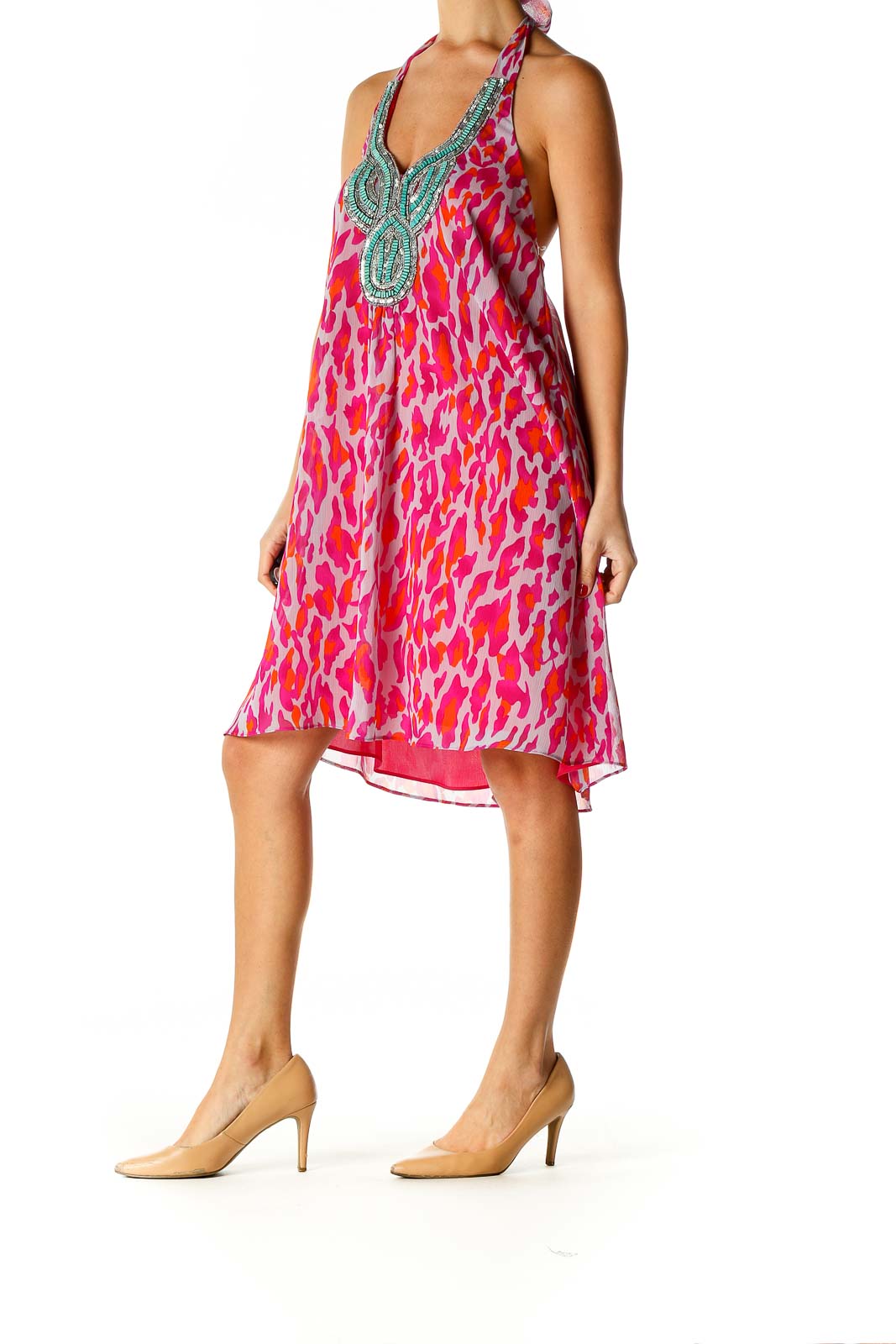 Pink Printed Holiday Fit & Flare Dress