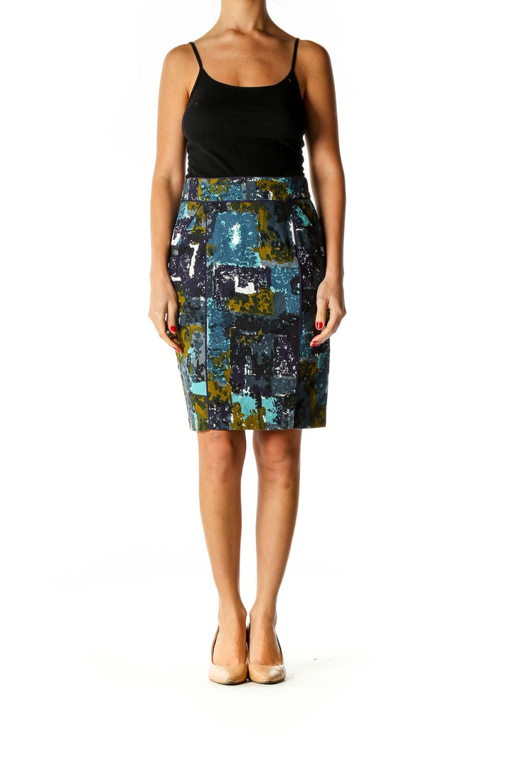 Blue Printed Brunch Pencil Skirt