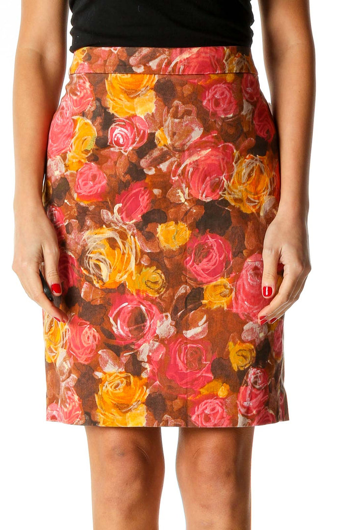 Orange Floral Print Holiday Pencil Skirt