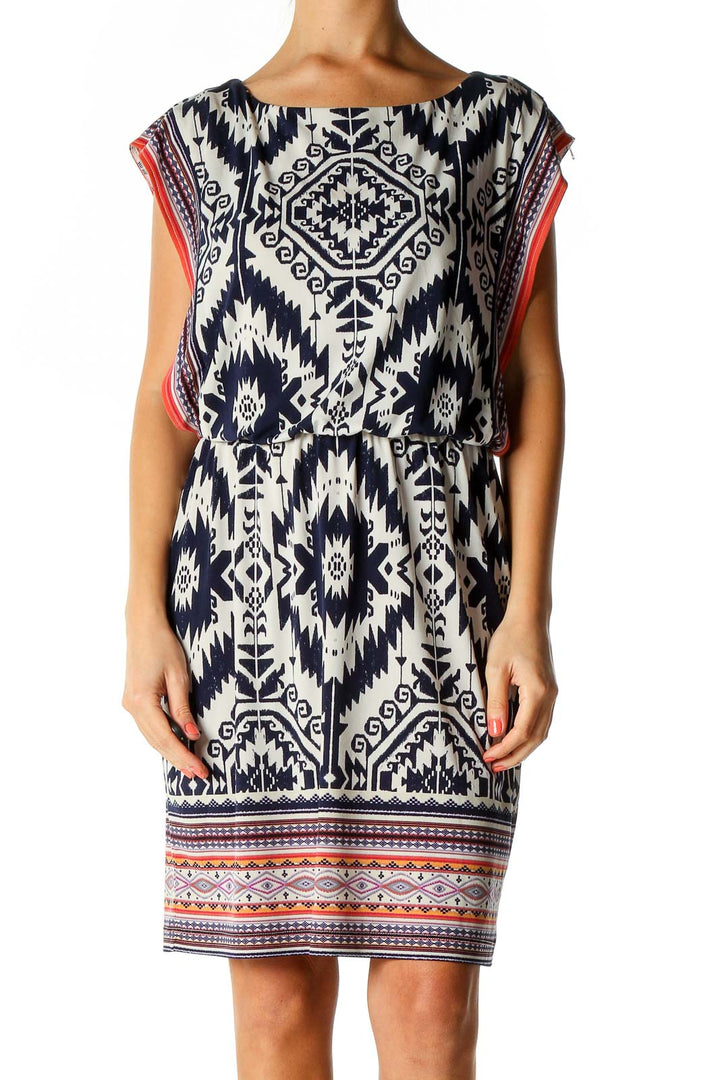 Beige Printed Day Shift Dress