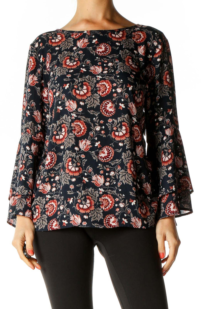 Black Floral Print Retro Blouse