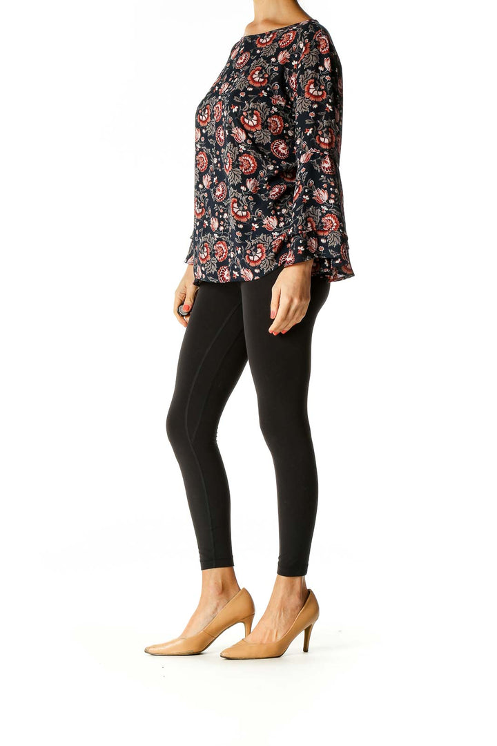 Black Floral Print Retro Blouse