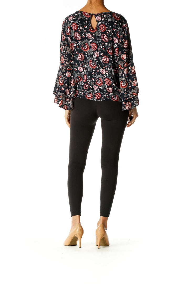 Black Floral Print Retro Blouse