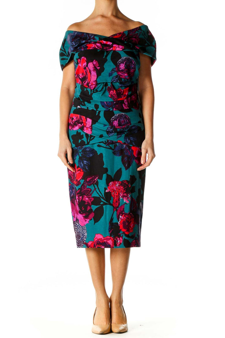 Blue Floral Print Cocktail Sheath Dress