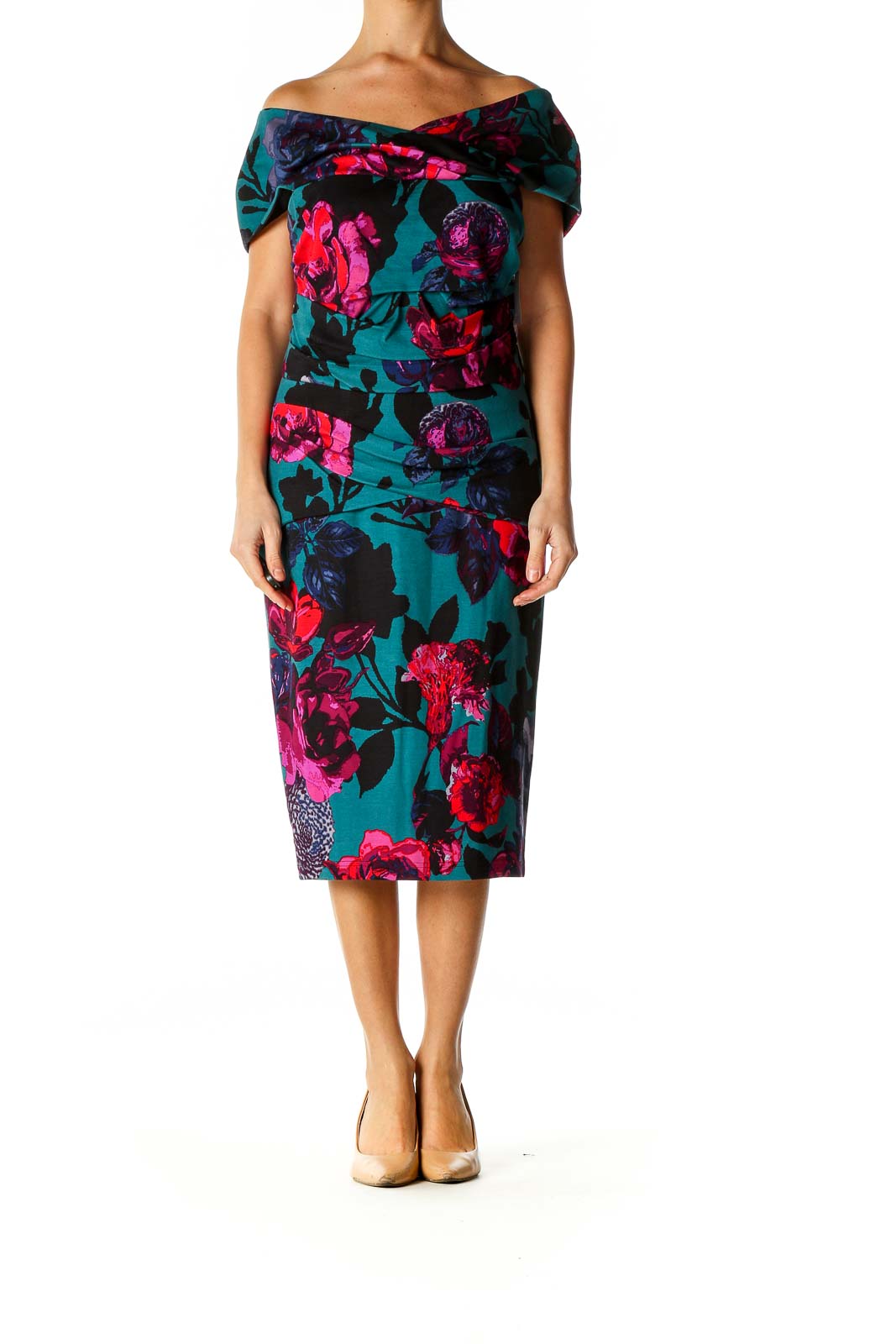 Blue Floral Print Cocktail Sheath Dress