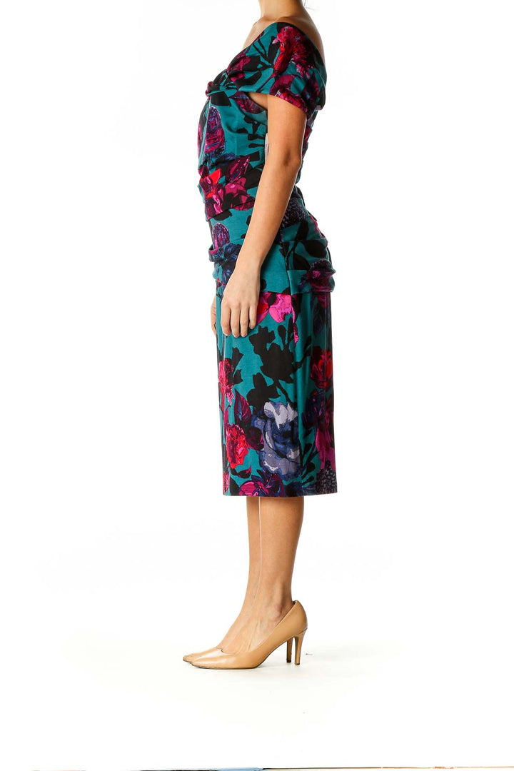 Blue Floral Print Cocktail Sheath Dress