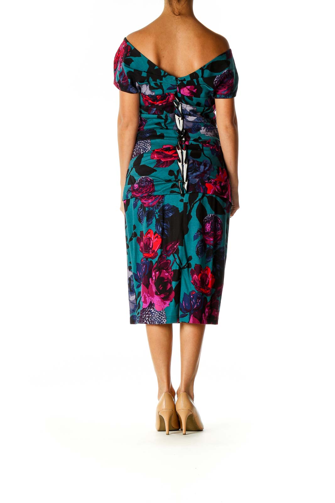 Blue Floral Print Cocktail Sheath Dress