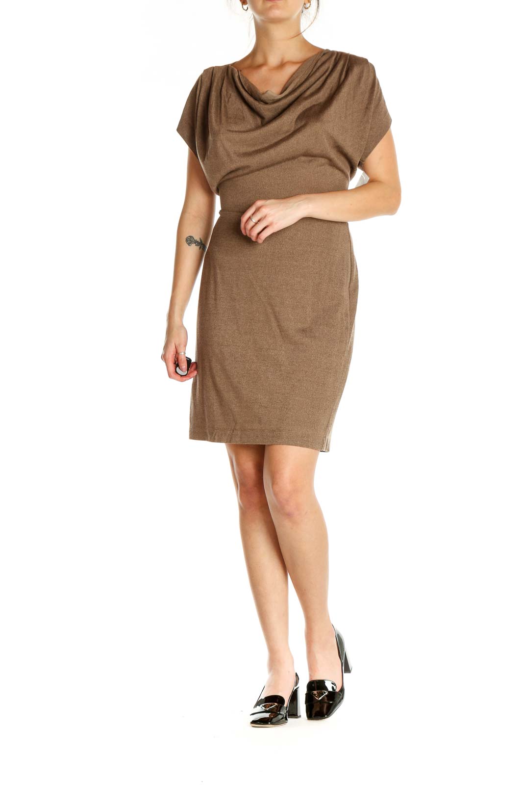 Brown Solid Classic Sheath Dress