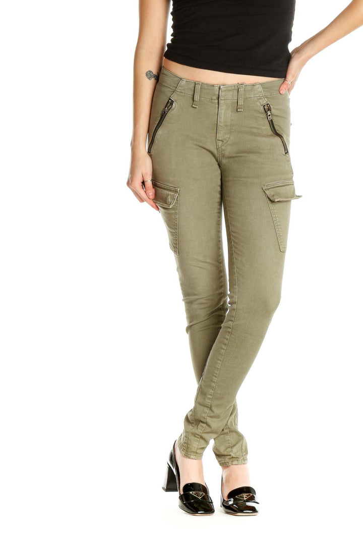 Green Solid Casual Cargos Pants