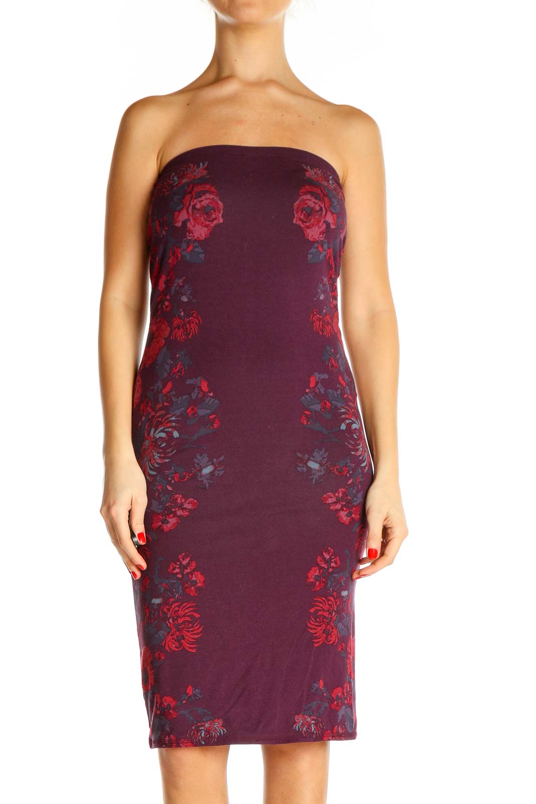 Front view of burgundy strapless bodycon dress with red and blue floral pattern