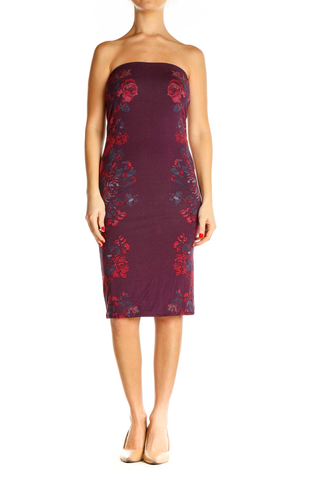 Front view of burgundy strapless bodycon dress with red and blue floral pattern