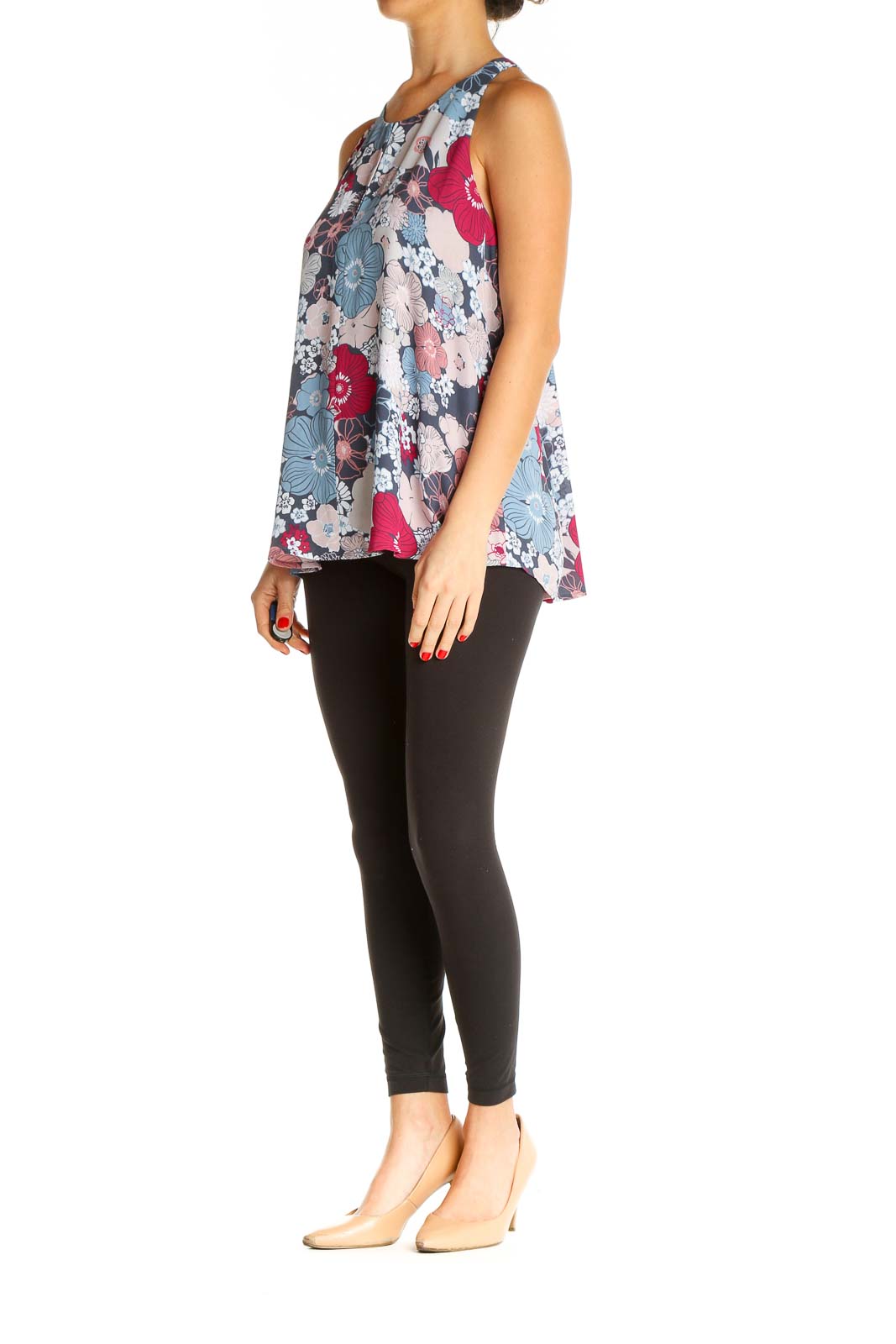 Blue Floral Print Holiday Blouse