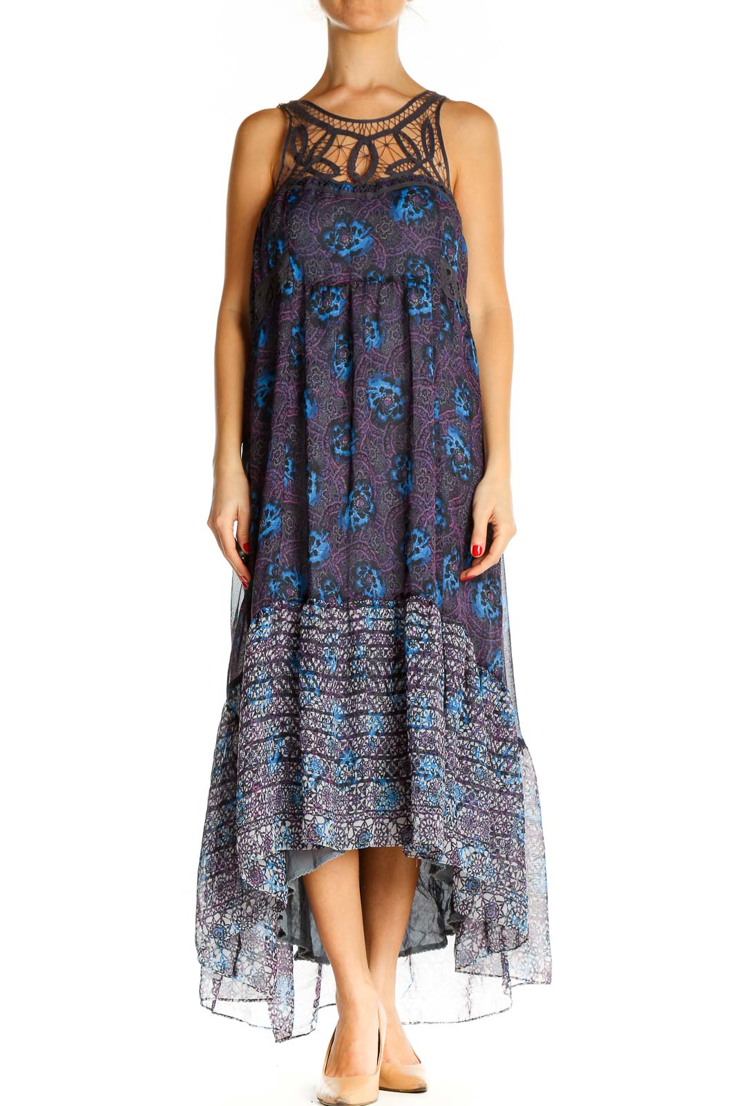 Front view of Free People blue floral maxi dress with crochet neckline