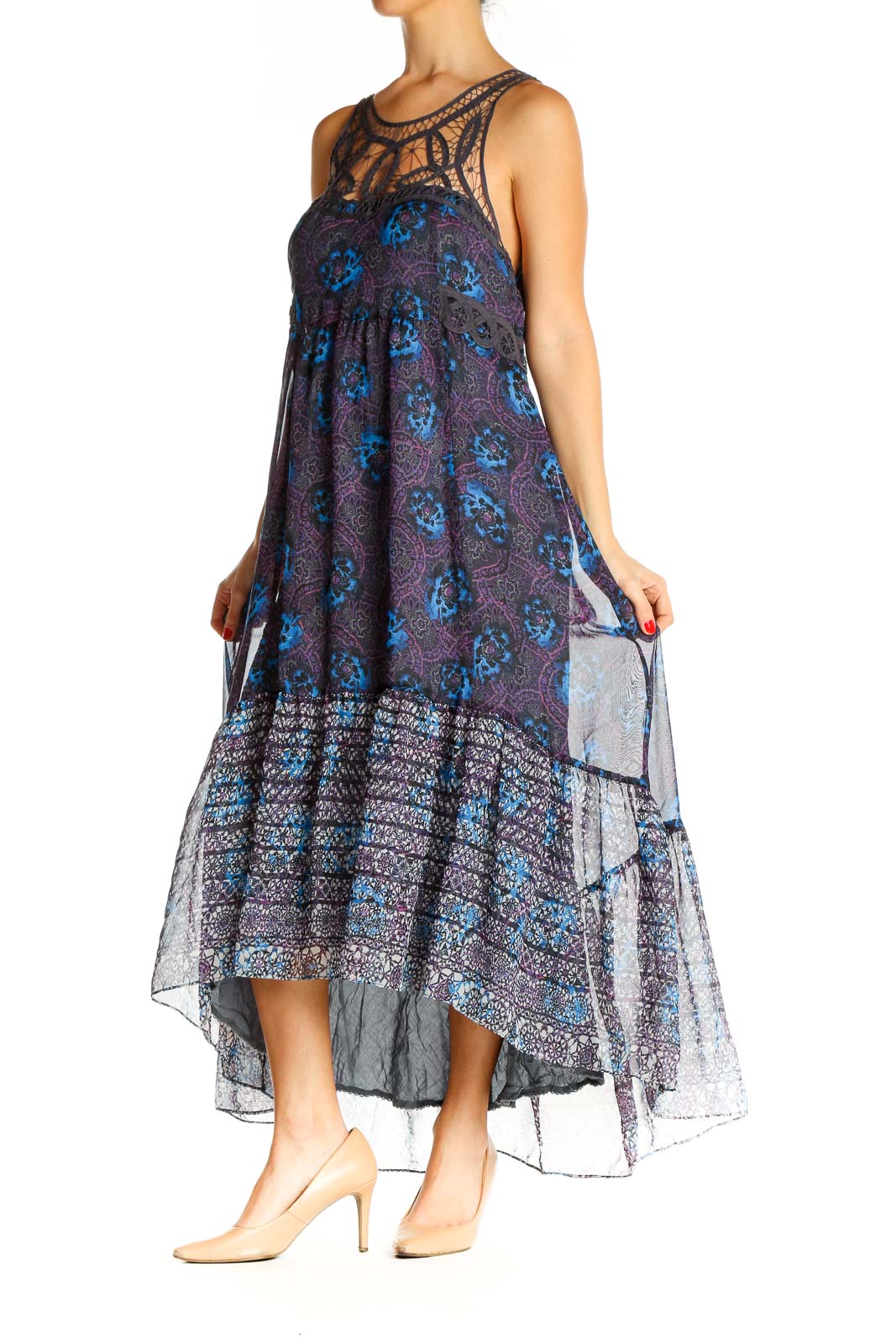 Front view of Free People blue floral maxi dress with crochet neckline