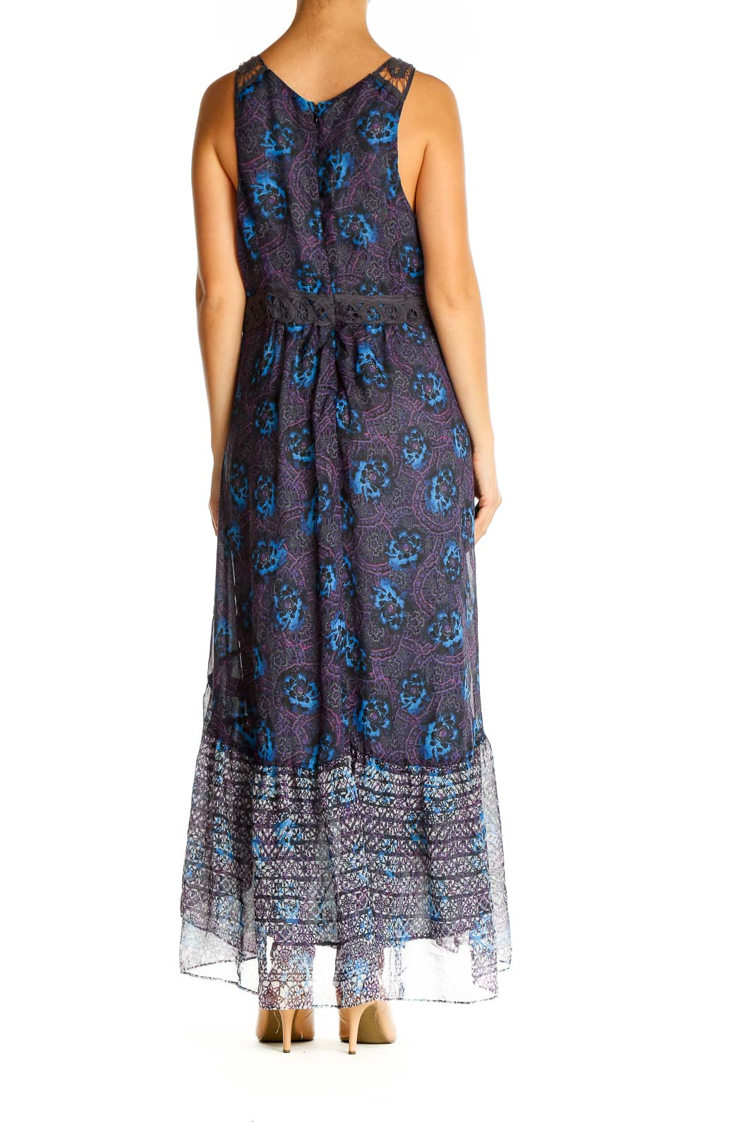 Back view of Free People blue floral maxi dress showing pattern and fit