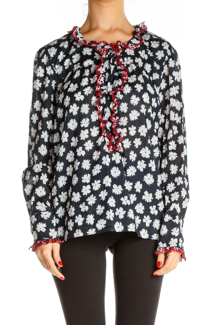 Black Floral Print Retro Blouse