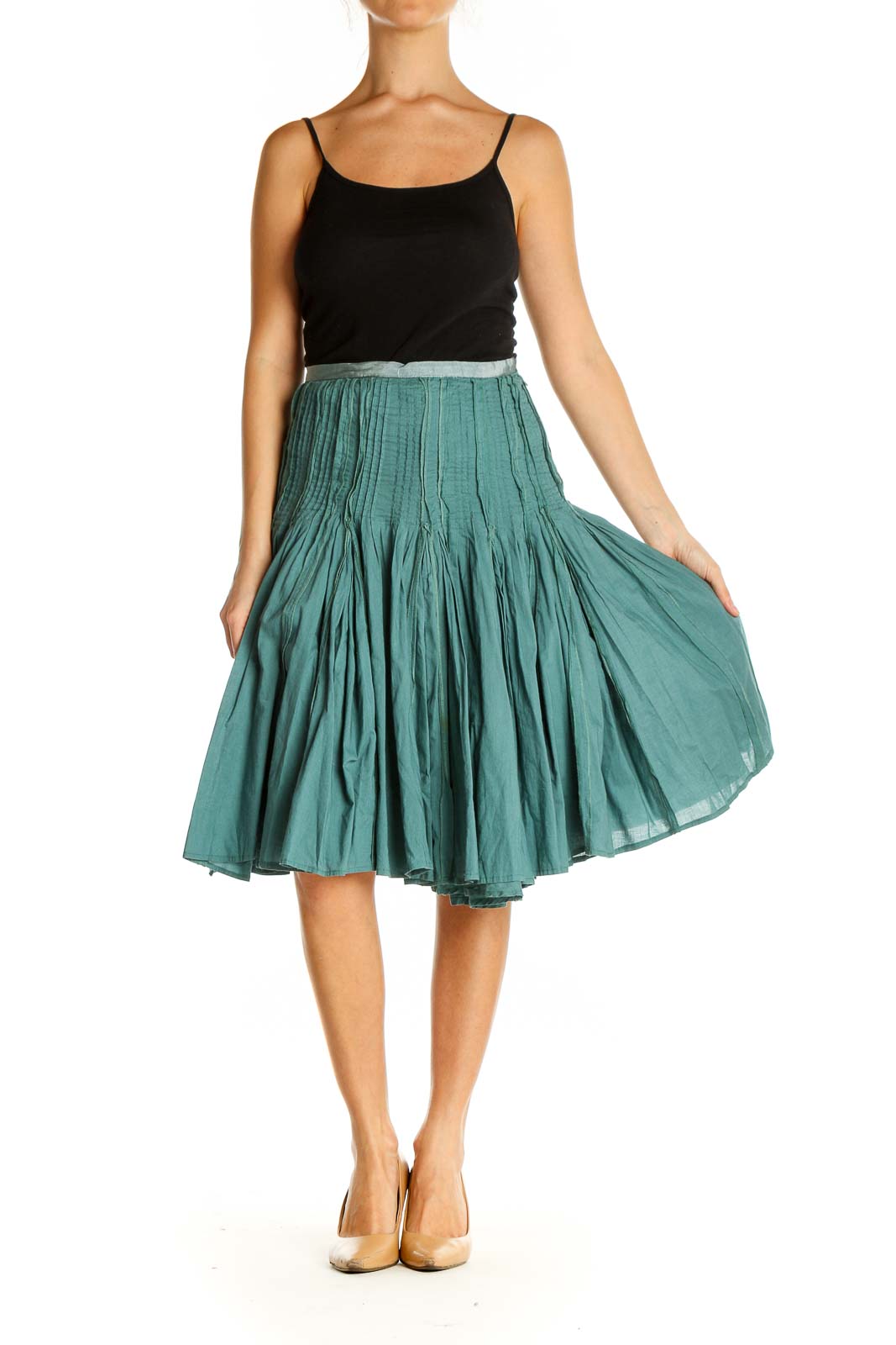 Green Textured Chic Flared Skirt