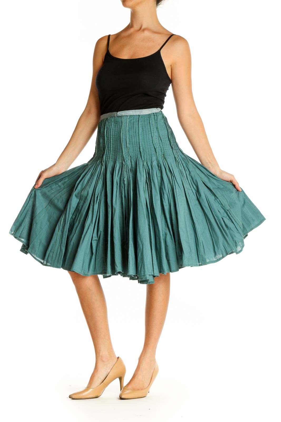 Green Textured Chic Flared Skirt