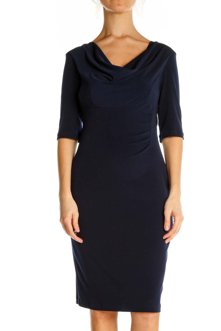 Blue Solid Classic Sheath Dress