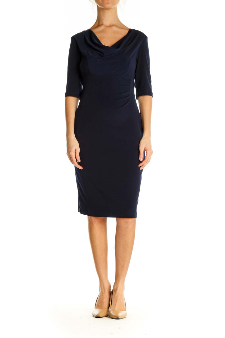 Blue Solid Classic Sheath Dress