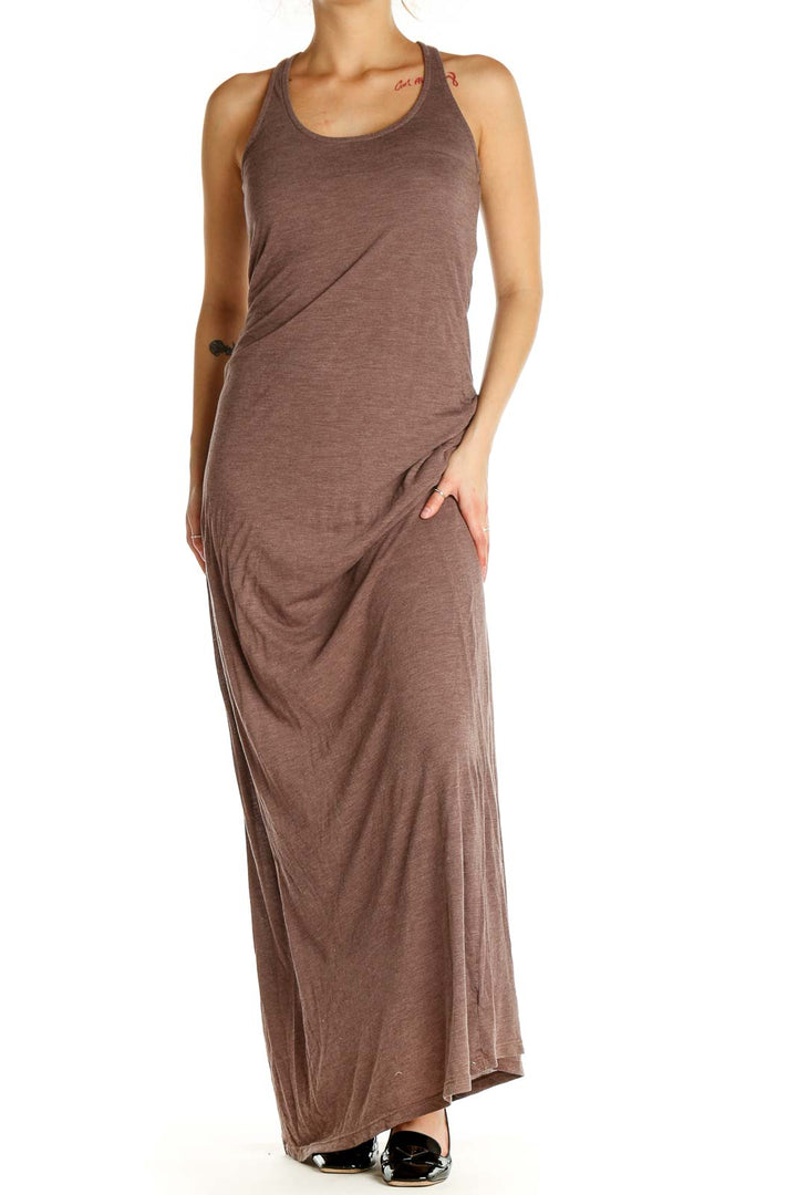 Brown Solid Classic Column Dress