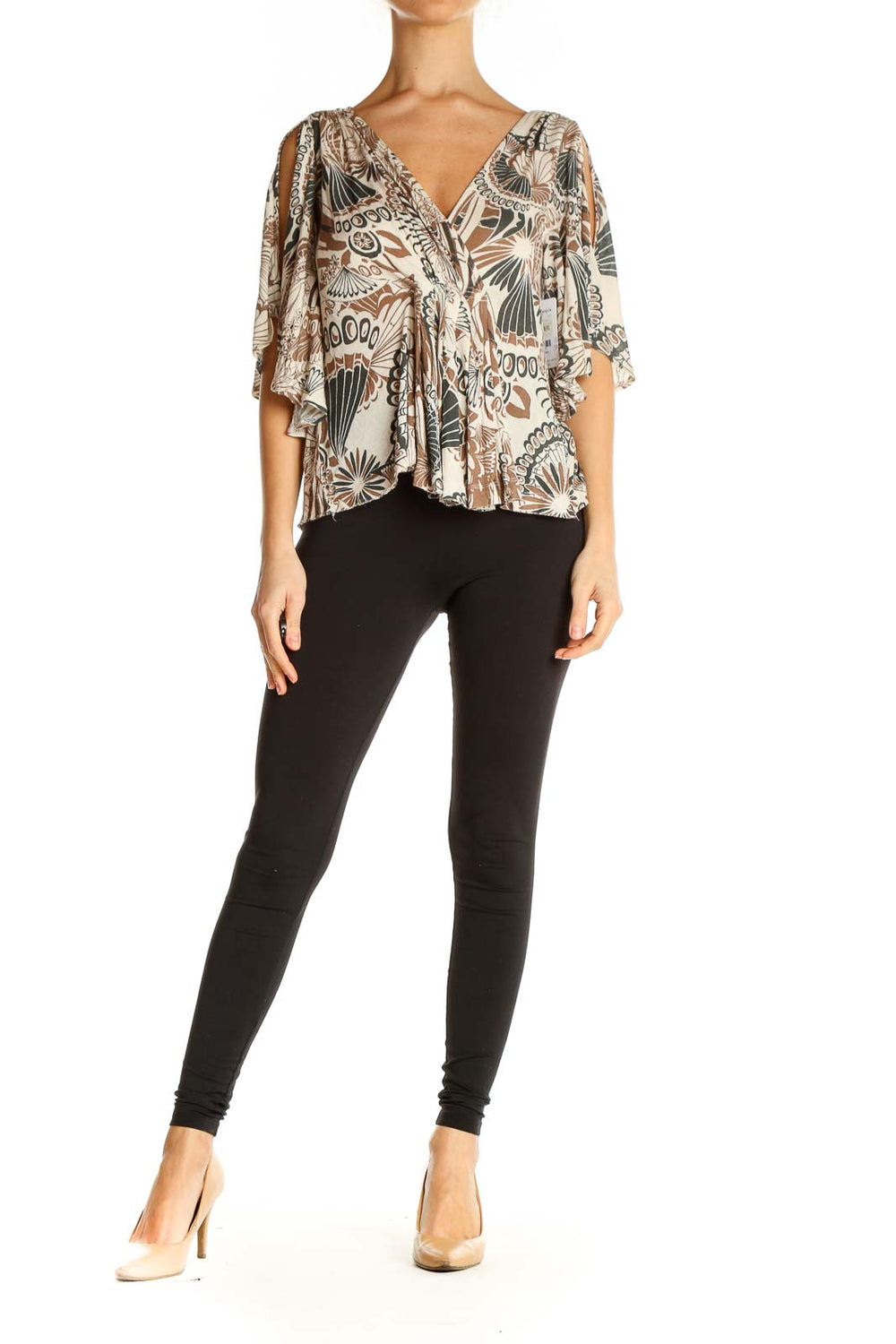 Front view of Free People beige floral print top with flutter sleeves