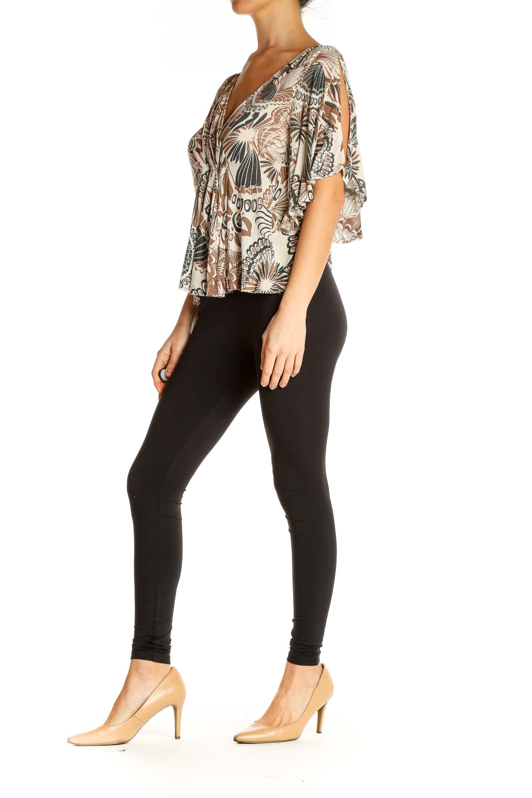 Front view of Free People beige floral print top with flutter sleeves