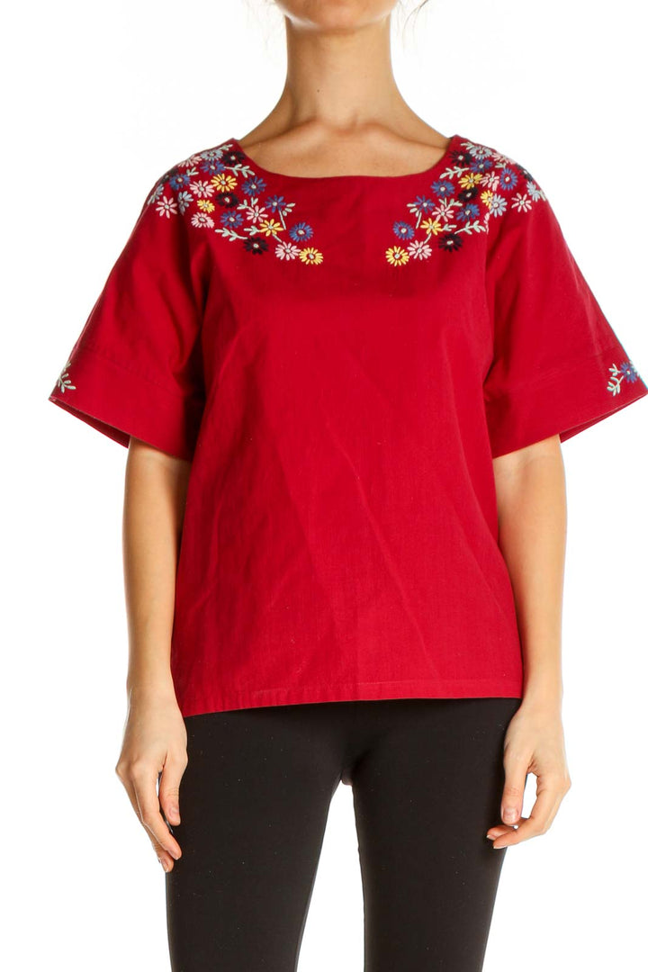 Red Floral Embroidered All Day Wear Blouse