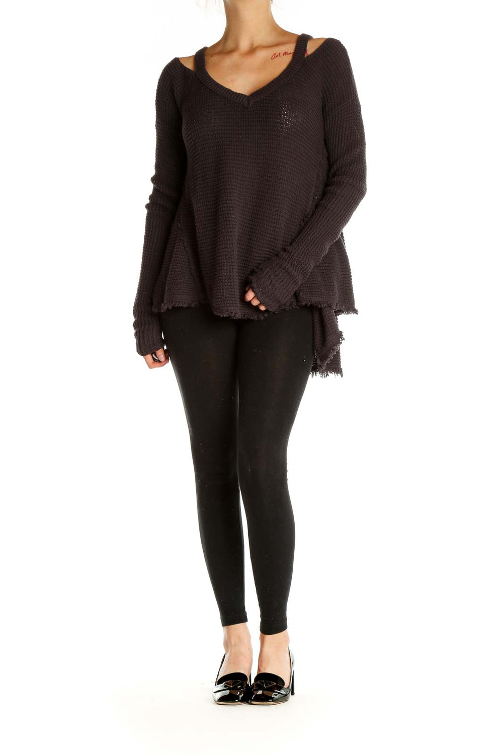 Front view of brown oversized knit sweater with cold-shoulder cutouts