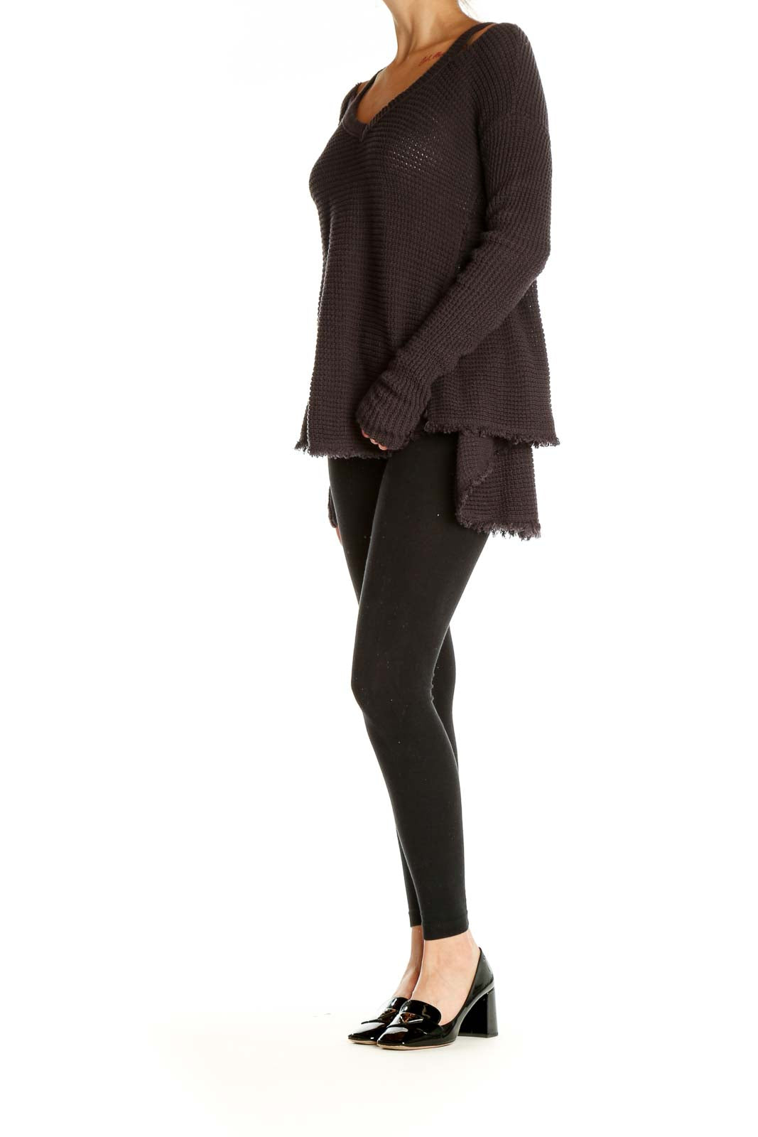 Front view of brown oversized knit sweater with cold-shoulder cutouts