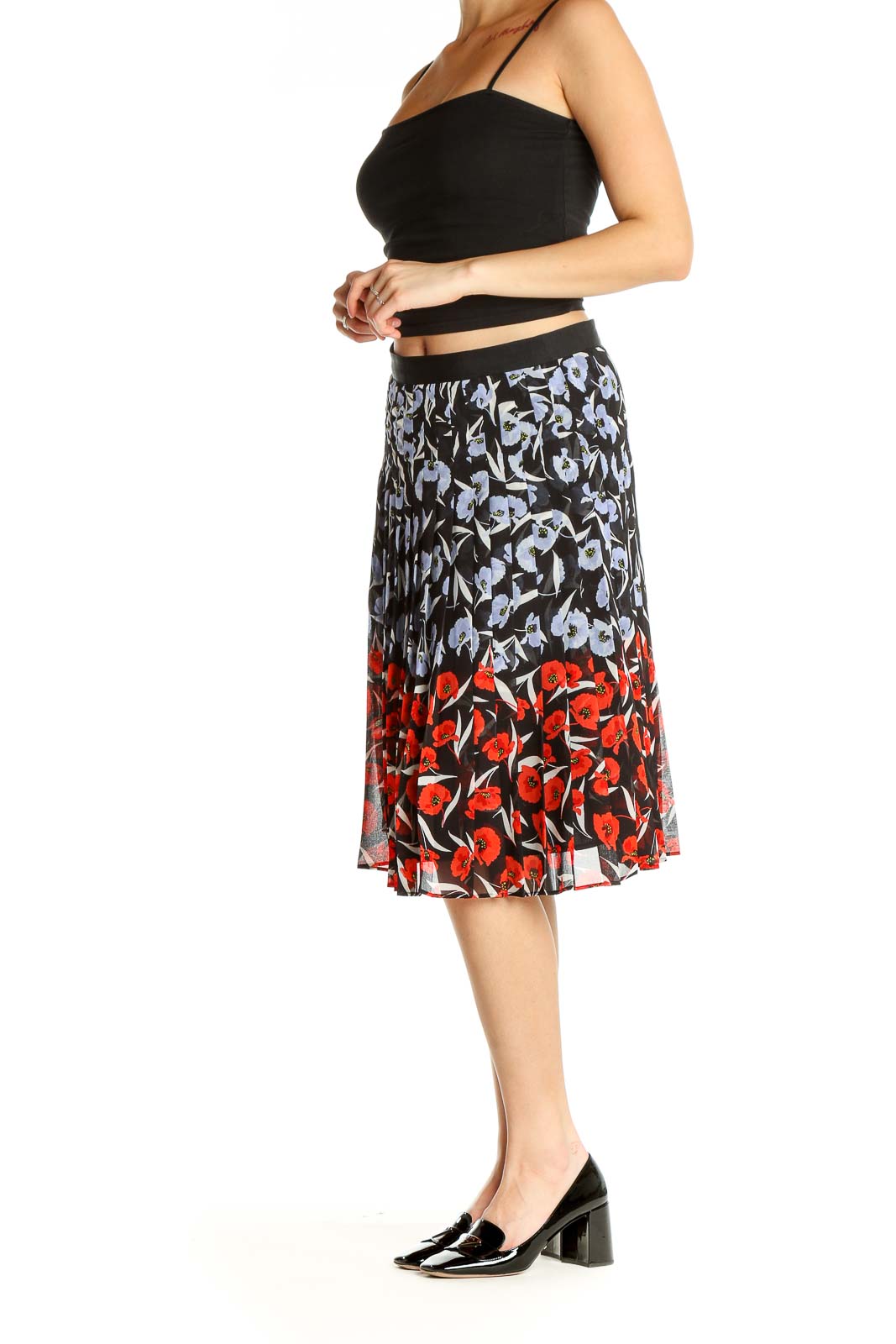 Black Blue Red Floral Print Pleated Skirt