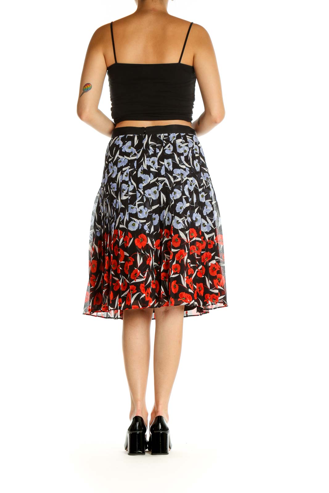 Black Blue Red Floral Print Pleated Skirt