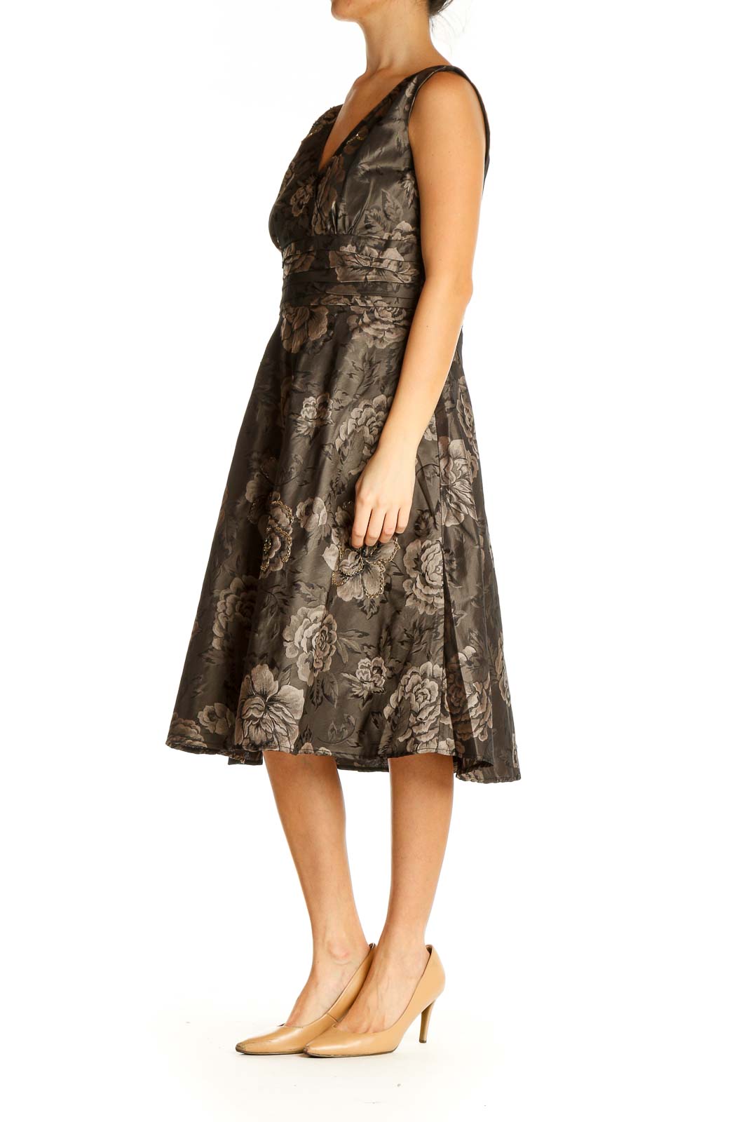 Brown Floral Print Classic Fit & Flare Dress