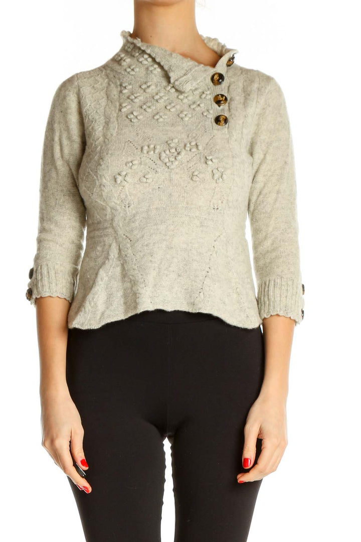 Beige Textured Casual Sweater