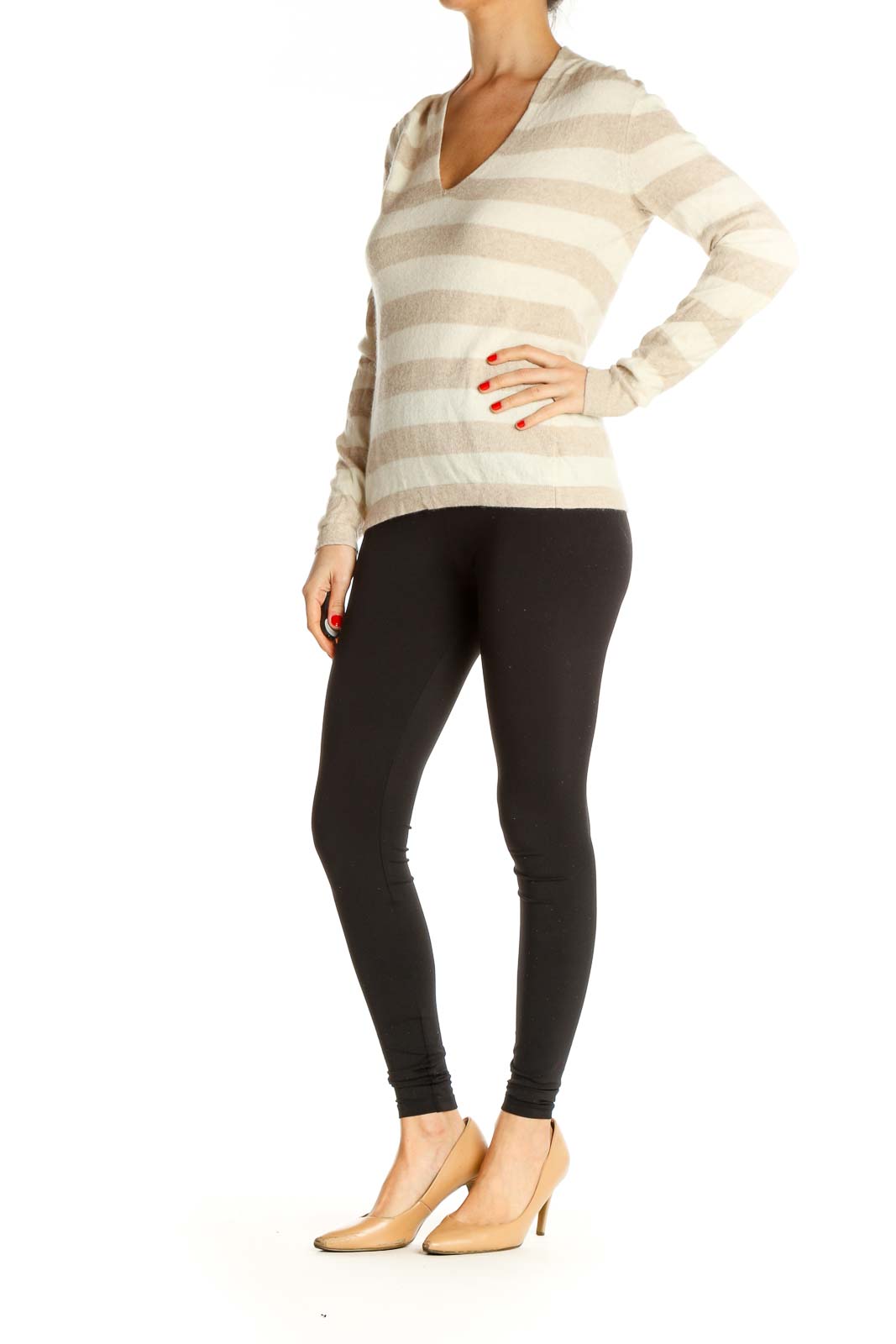 Beige Striped All Day Wear Sweater