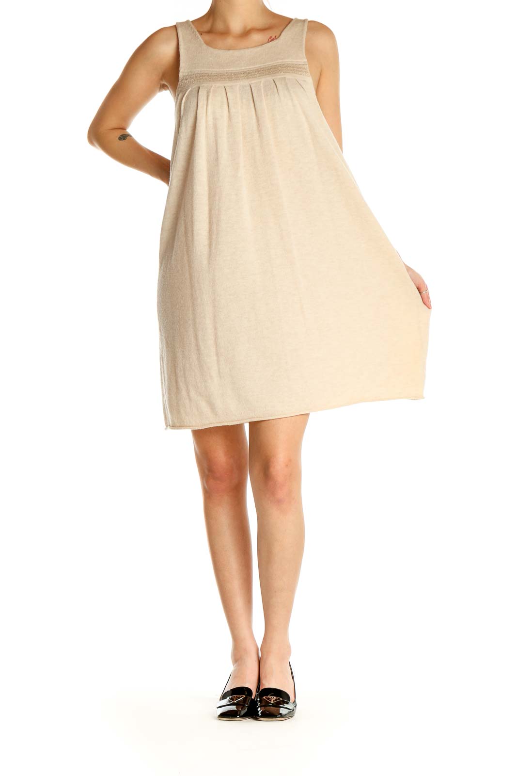 Beige Solid Day Fit & Flare Dress